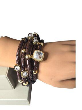 Women's Trendy Brown Faux Leather Multi Layered Resin Gold Plated Bracelet